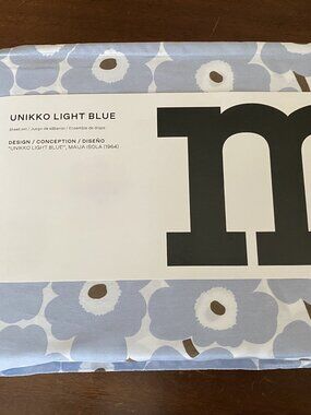 Marimekko Unikko  Light Blue Queen Sheet Set 100% Cotton NWT